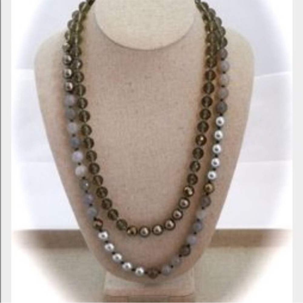 N083 Rare Stella & Dot Gloria Faceted Glass Smoky Quartz Pearl Necklace 46”